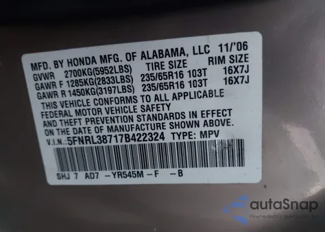 2007 Honda Odyssey Ex-L from USA, damaged, VIN 5FNRL38717B422324